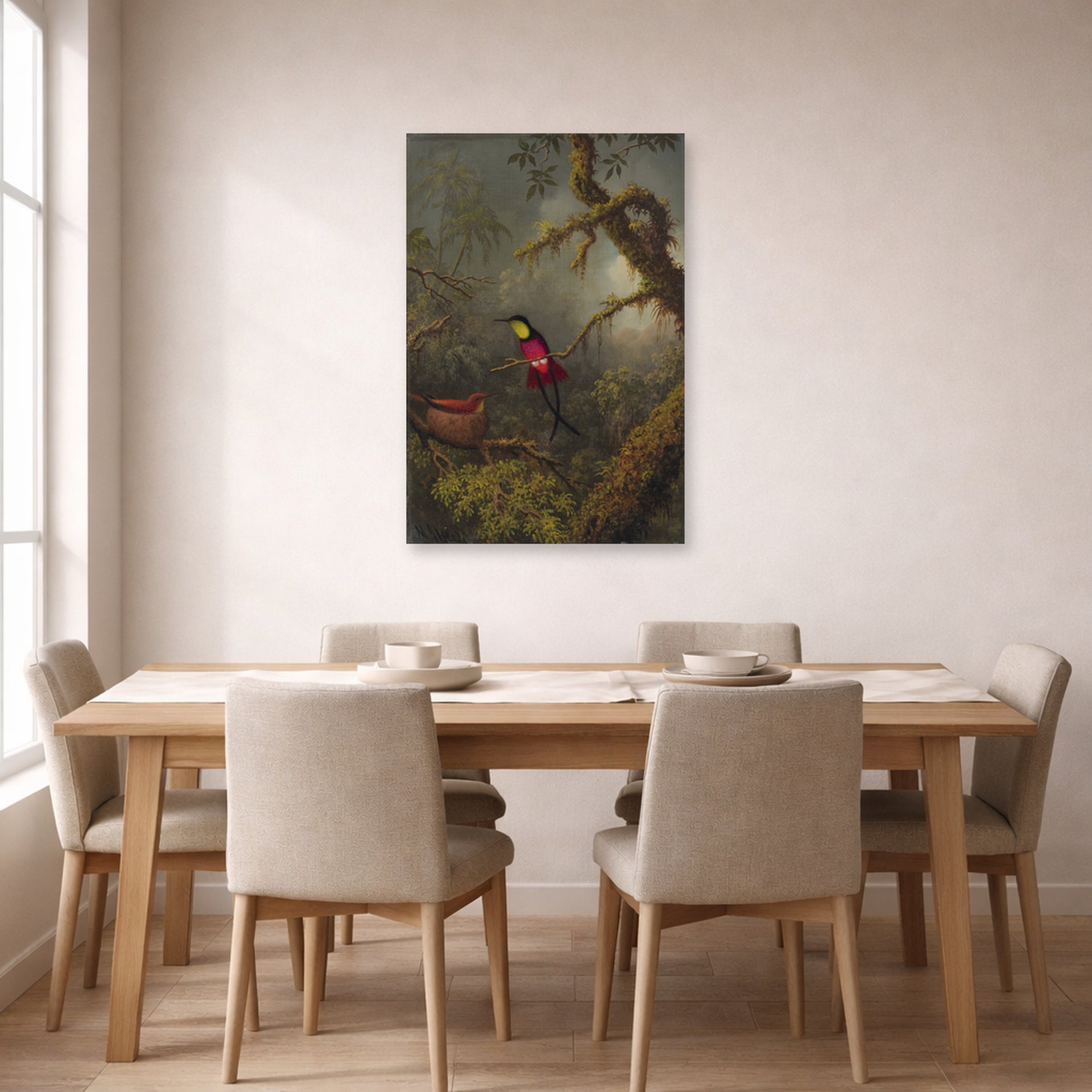 Unframed poster print of Martin Johnson Heade's 'A Pair of Nesting Crimson Topaz Hummingbirds' displayed on a wall in a dining room