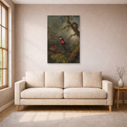 Unframed poster print of Martin Johnson Heade's 'A Pair of Nesting Crimson Topaz Hummingbirds' displayed on a wall in a living room