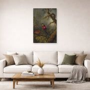 Unframed poster print of Martin Johnson Heade's 'A Pair of Nesting Crimson Topaz Hummingbirds' displayed on a wall in a living room