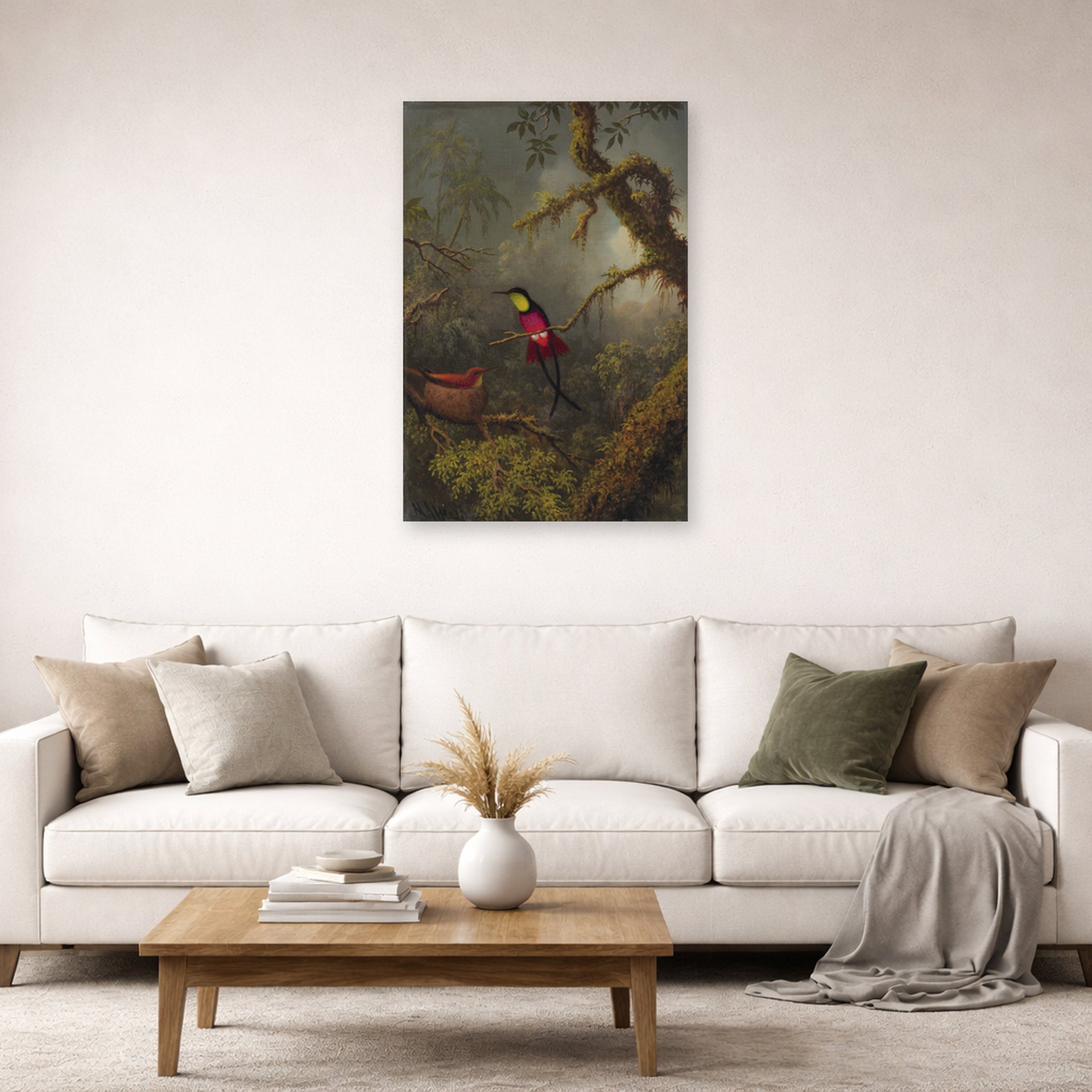 Unframed poster print of Martin Johnson Heade's 'A Pair of Nesting Crimson Topaz Hummingbirds' displayed on a wall in a living room