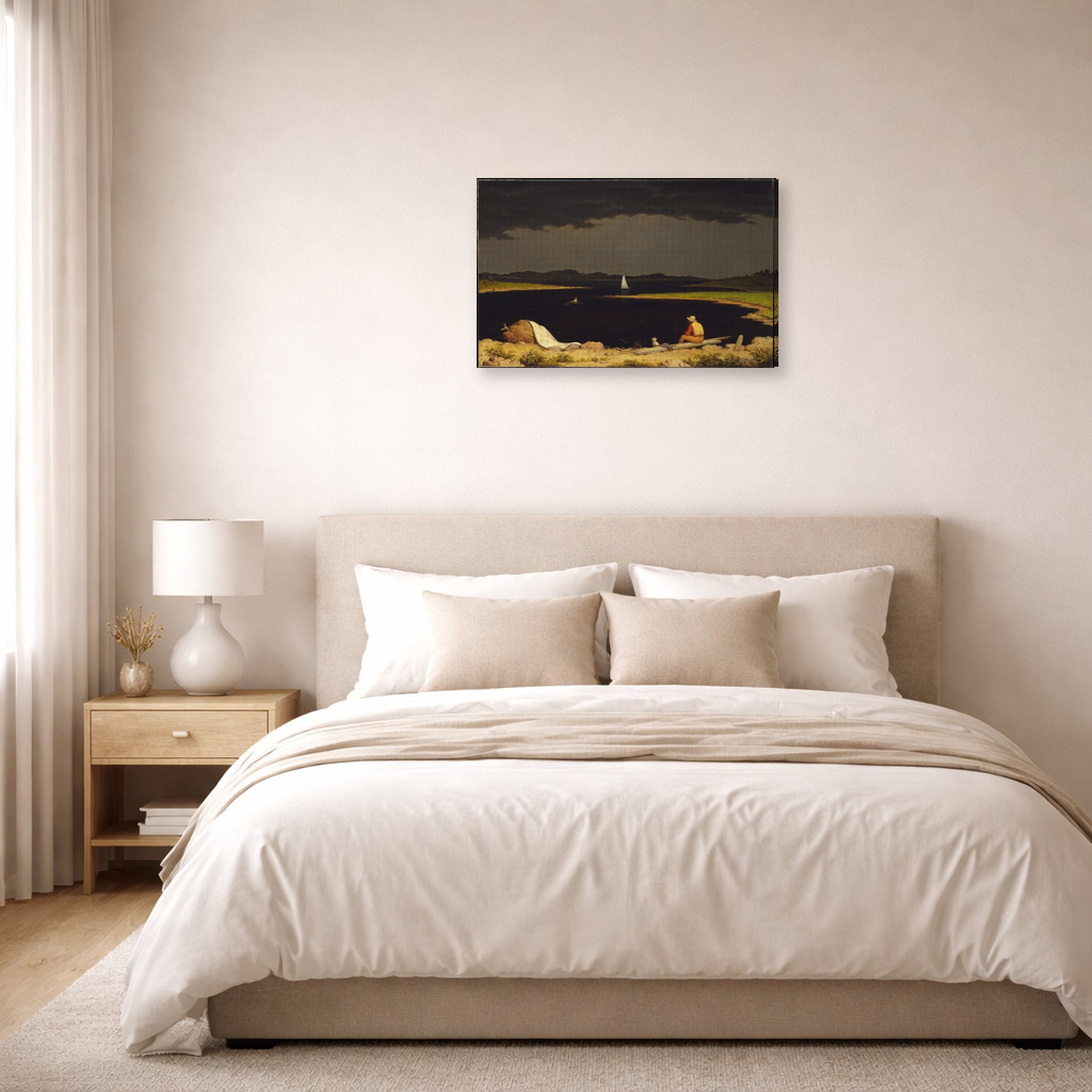 Gallery-wrapped canvas print of Martin Johnson Heade's 'Approaching Thunder Storm' displayed on a wall in a bedroom