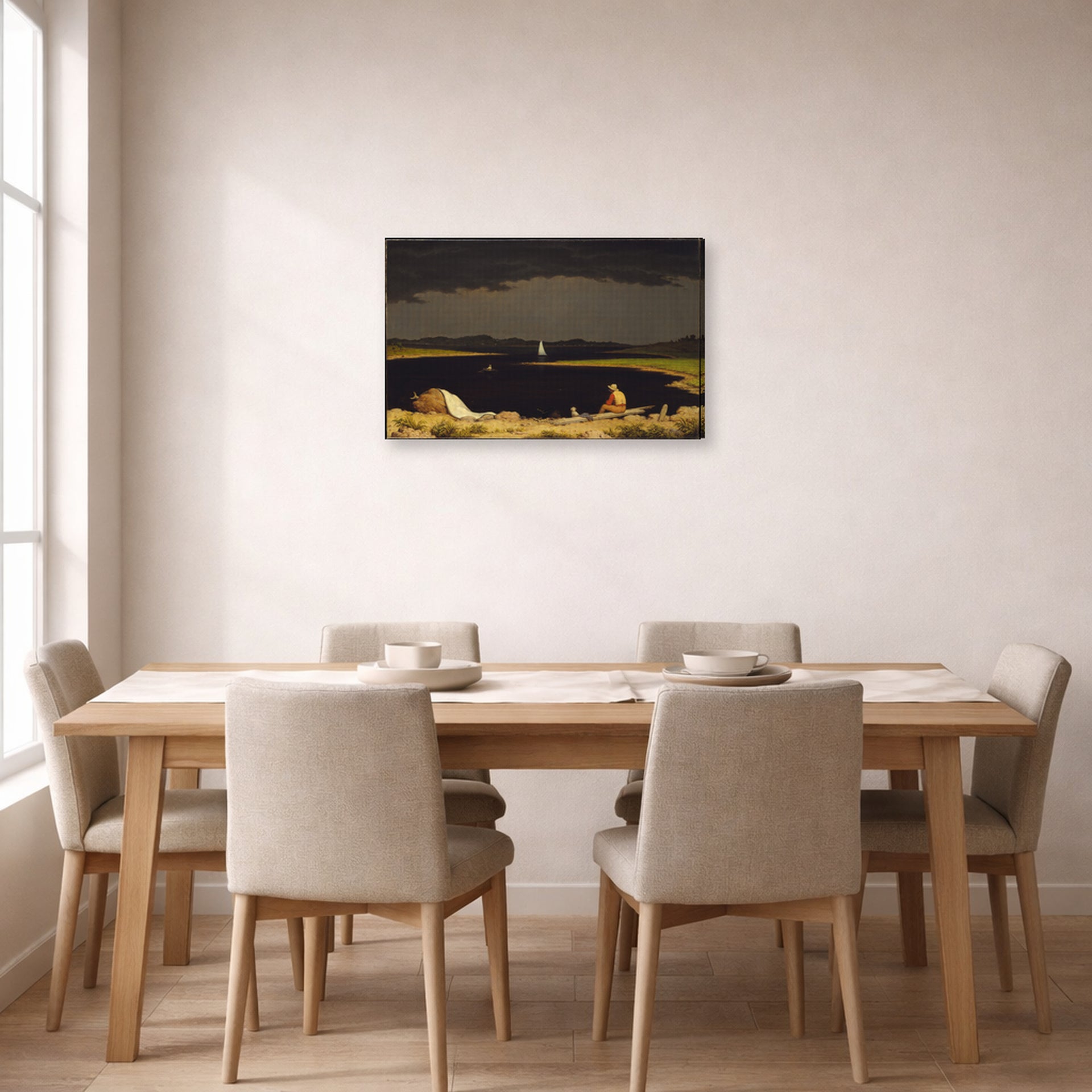 Gallery-wrapped canvas print of Martin Johnson Heade's 'Approaching Thunder Storm' displayed on a wall in a dining room