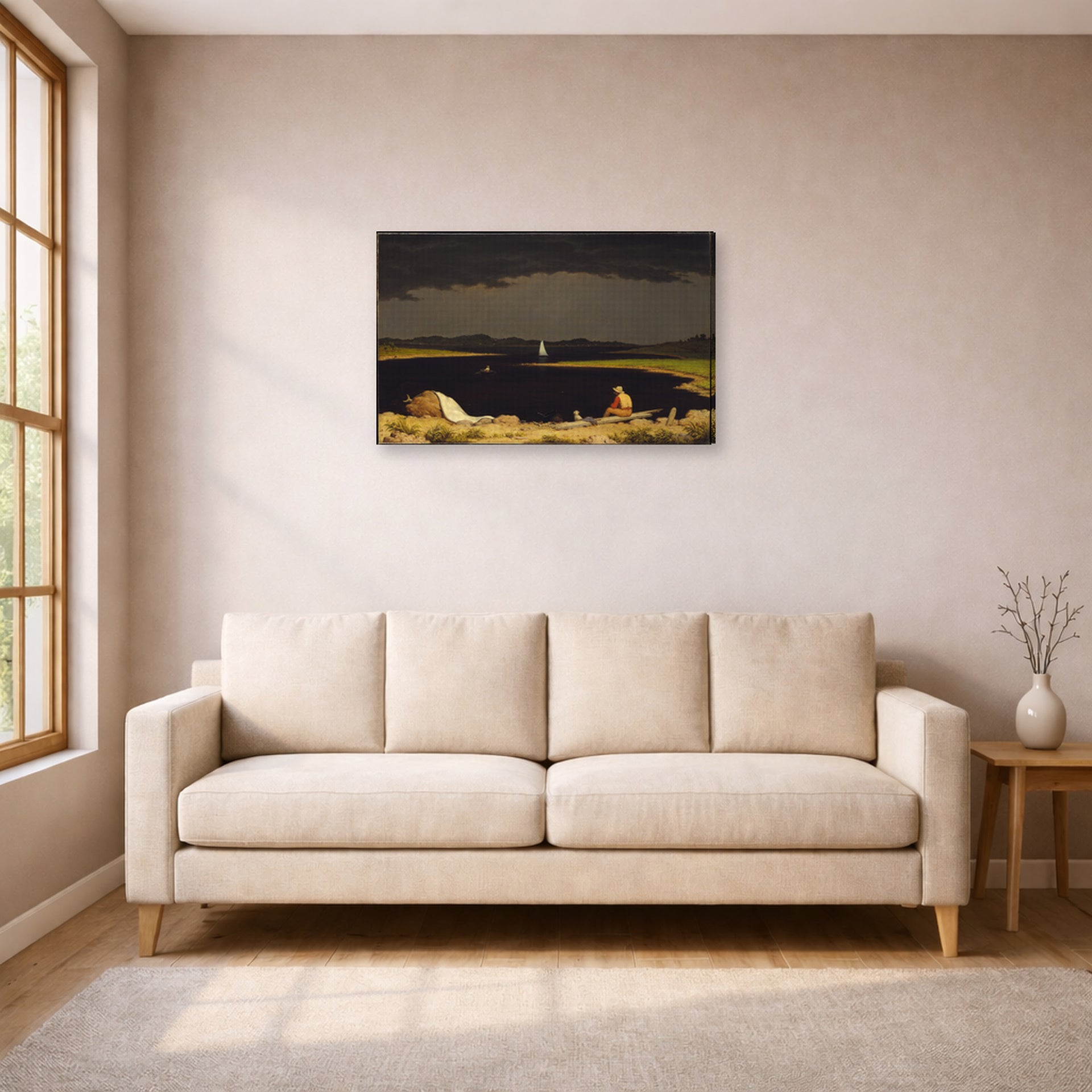 Gallery-wrapped canvas print of Martin Johnson Heade's 'Approaching Thunder Storm' displayed on a wall in a living room