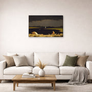 Gallery-wrapped canvas print of Martin Johnson Heade's 'Approaching Thunder Storm' displayed on a wall in a living room