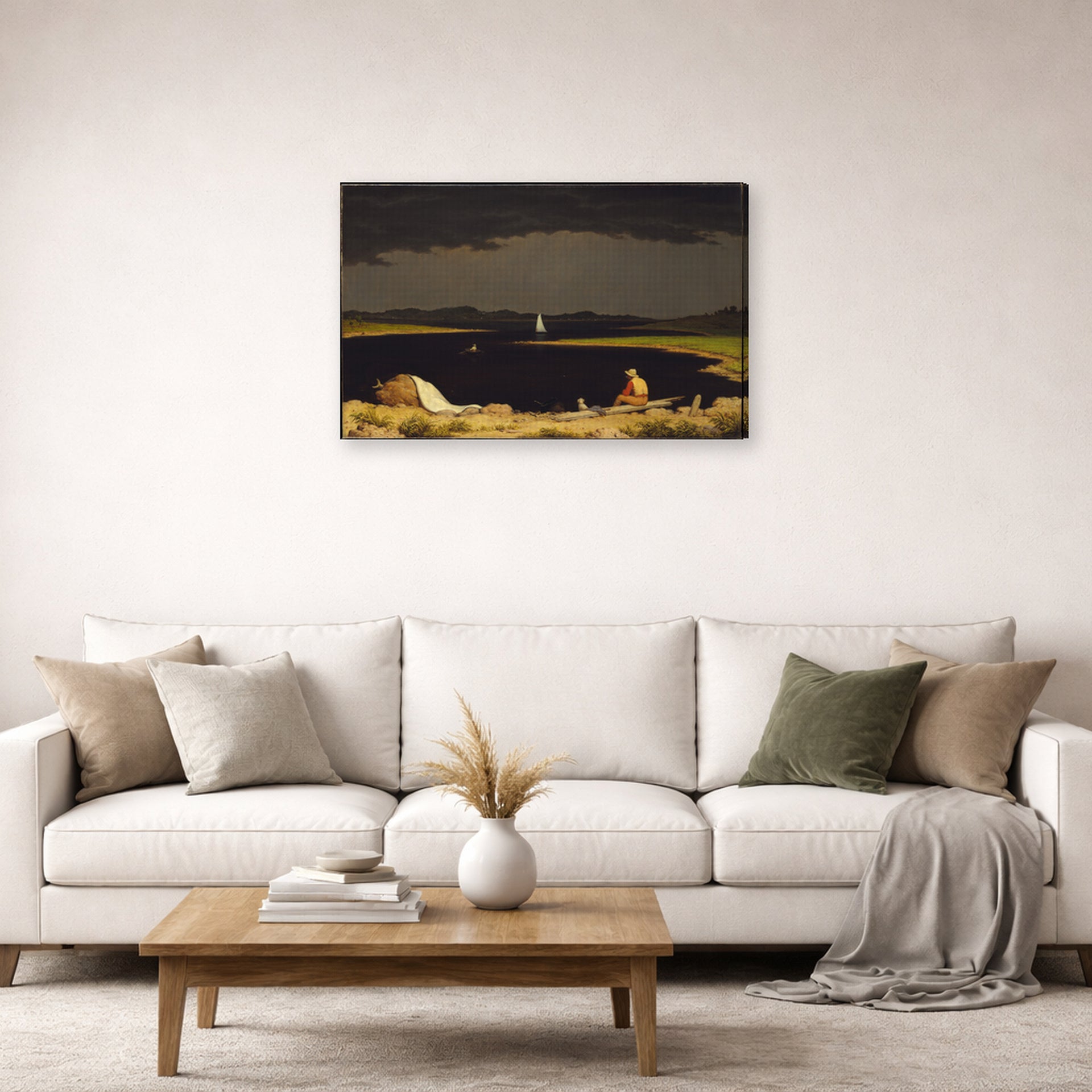 Gallery-wrapped canvas print of Martin Johnson Heade's 'Approaching Thunder Storm' displayed on a wall in a living room