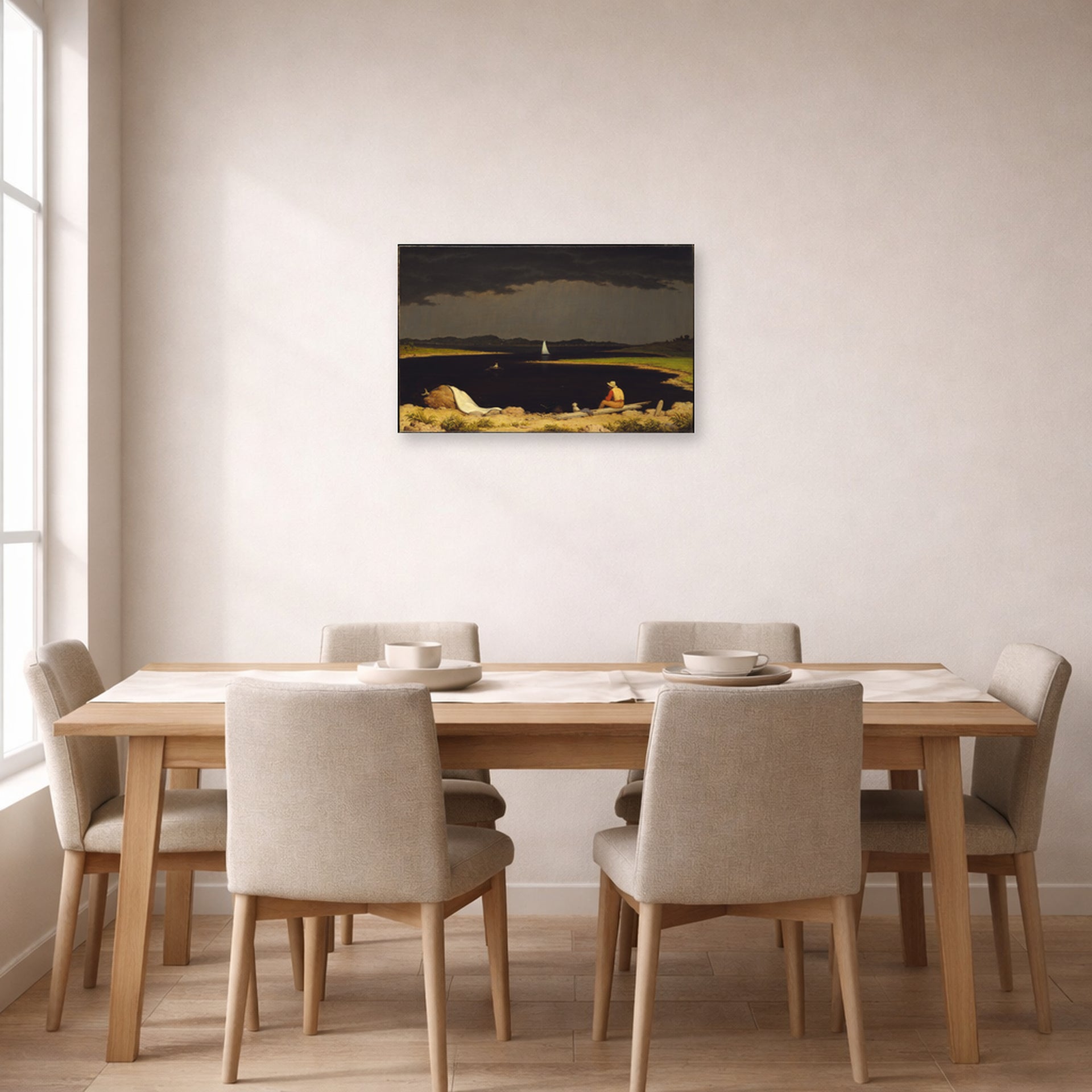 Unframed poster print of Martin Johnson Heade's 'Approaching Thunder Storm' displayed on a wall in a dining room