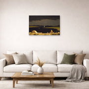 Unframed poster print of Martin Johnson Heade's 'Approaching Thunder Storm' displayed on a wall in a living room