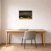 Unframed poster print of Martin Johnson Heade's 'Approaching Thunder Storm' displayed on a wall in a office