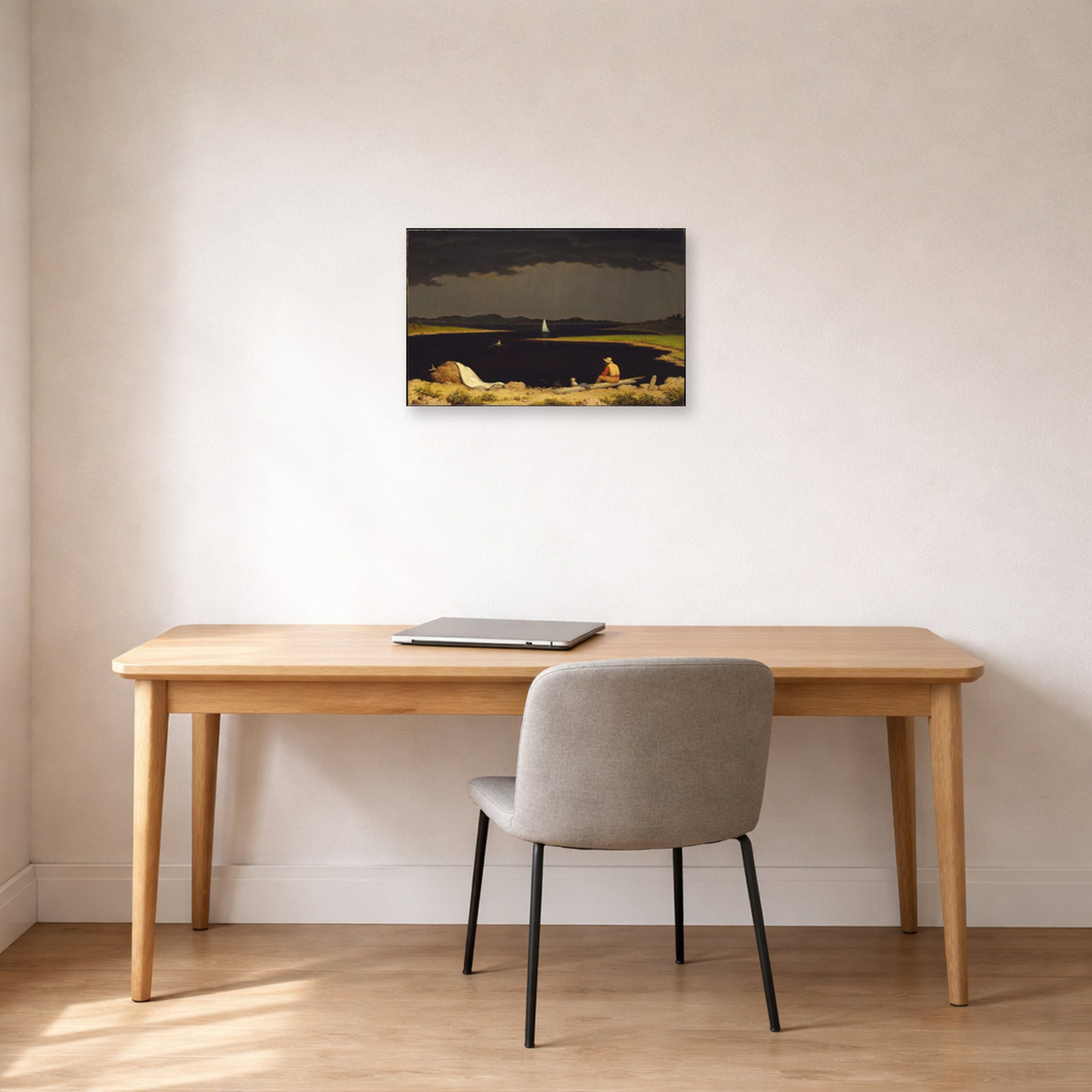 Unframed poster print of Martin Johnson Heade's 'Approaching Thunder Storm' displayed on a wall in a office