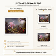Martin Johnson Heade - Cattleya Orchid and Three Hummingbirds canvas print size comparison and framing display infographic