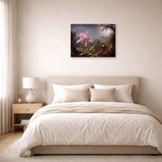 Gallery-wrapped canvas print of Martin Johnson Heade's 'Cattleya Orchid and Three Hummingbirds' displayed on a wall in a bedroom