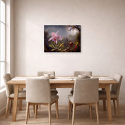 Gallery-wrapped canvas print of Martin Johnson Heade's 'Cattleya Orchid and Three Hummingbirds' displayed on a wall in a dining room