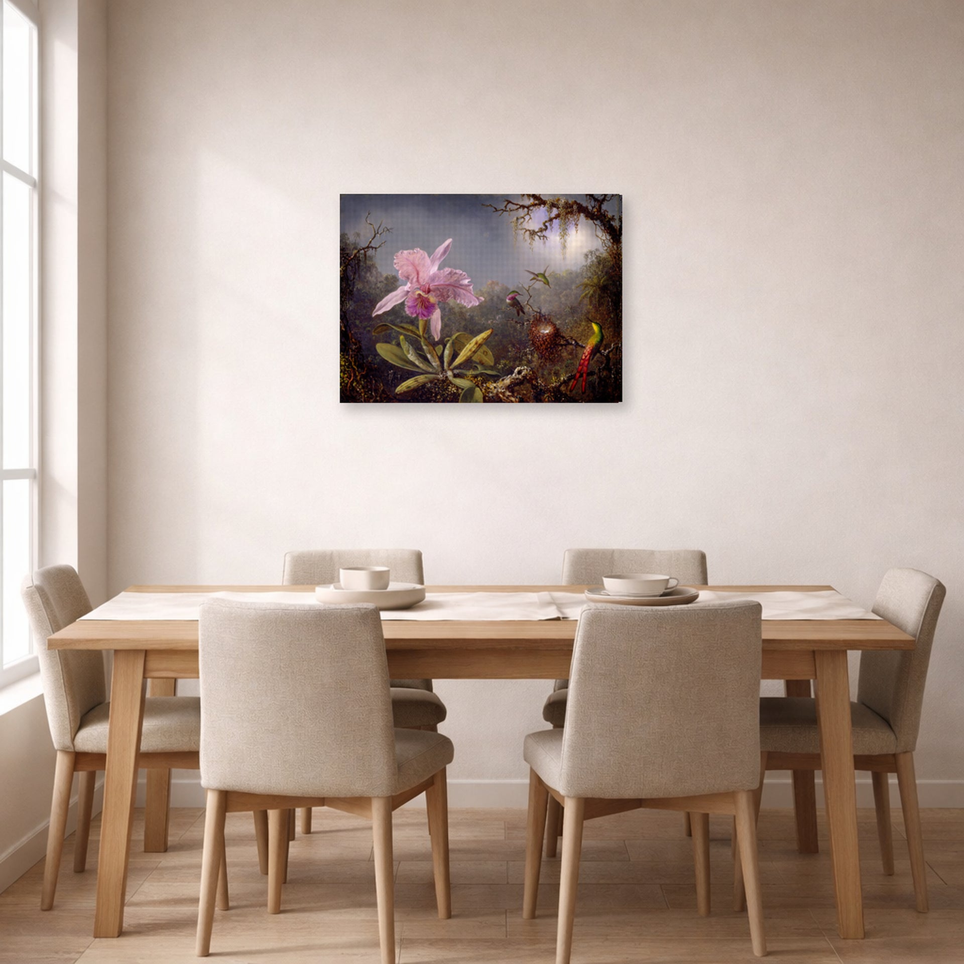 Gallery-wrapped canvas print of Martin Johnson Heade's 'Cattleya Orchid and Three Hummingbirds' displayed on a wall in a dining room