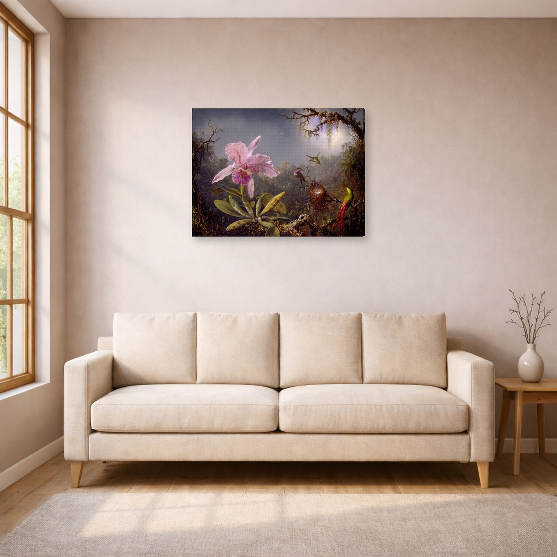 Gallery-wrapped canvas print of Martin Johnson Heade's 'Cattleya Orchid and Three Hummingbirds' displayed on a wall in a living room