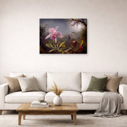 Gallery-wrapped canvas print of Martin Johnson Heade's 'Cattleya Orchid and Three Hummingbirds' displayed on a wall in a living room