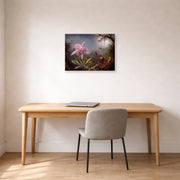 Gallery-wrapped canvas print of Martin Johnson Heade's 'Cattleya Orchid and Three Hummingbirds' displayed on a wall in a office