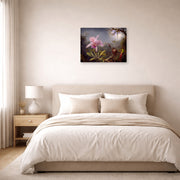 Unframed poster print of Martin Johnson Heade's 'Cattleya Orchid and Three Hummingbirds' displayed on a wall in a bedroom
