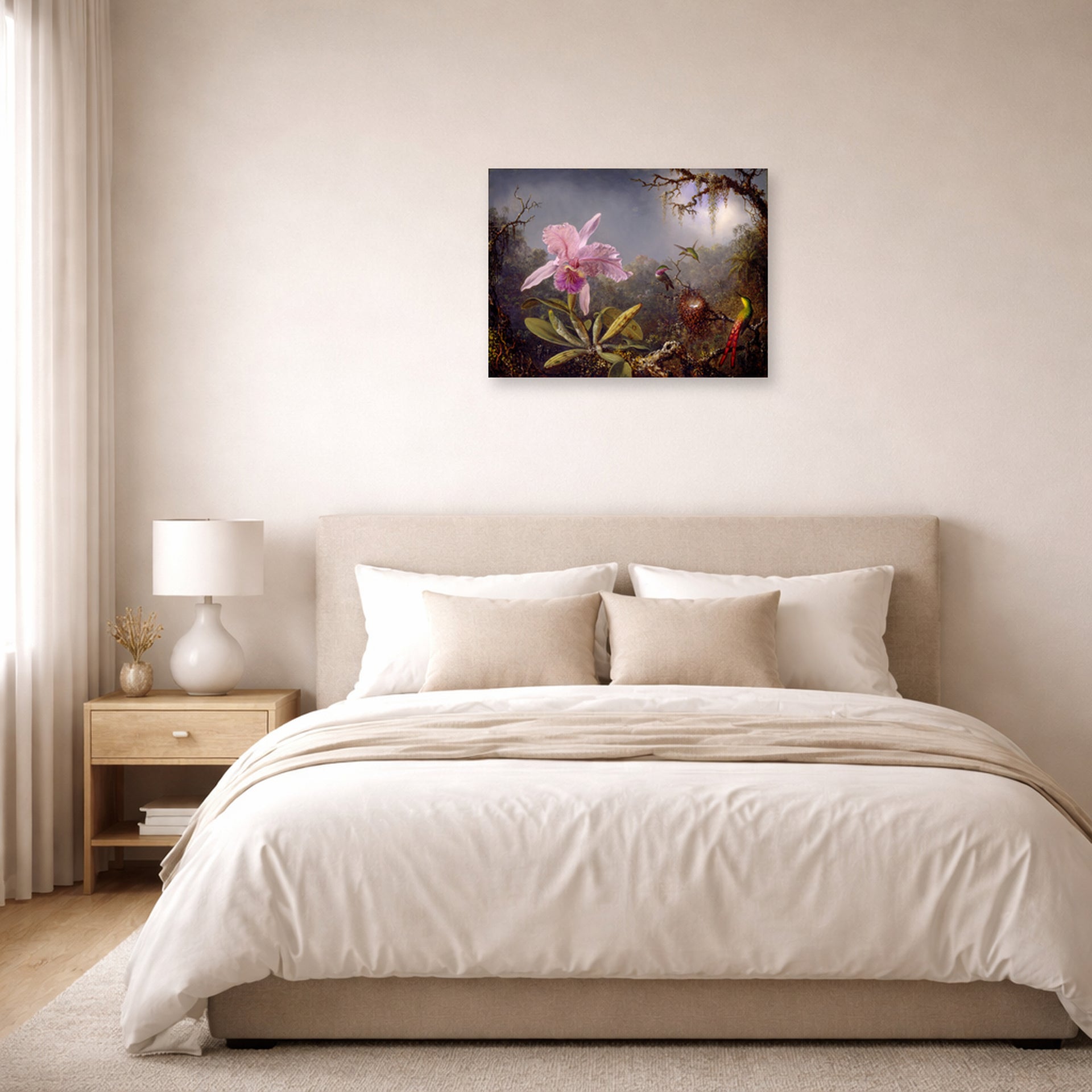 Unframed poster print of Martin Johnson Heade's 'Cattleya Orchid and Three Hummingbirds' displayed on a wall in a bedroom