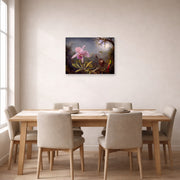 Unframed poster print of Martin Johnson Heade's 'Cattleya Orchid and Three Hummingbirds' displayed on a wall in a dining room