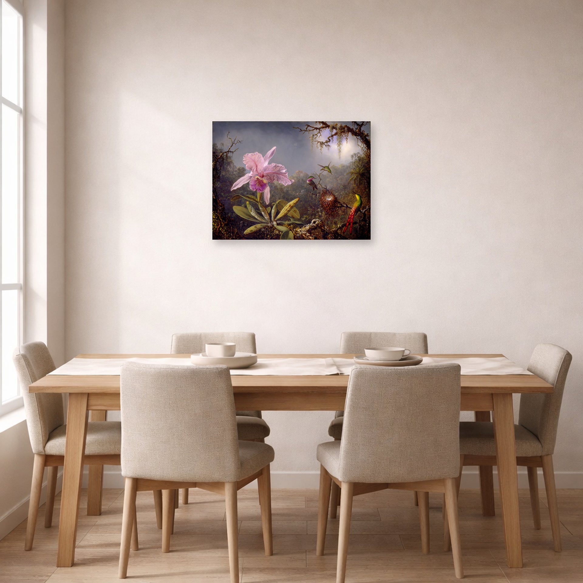 Unframed poster print of Martin Johnson Heade's 'Cattleya Orchid and Three Hummingbirds' displayed on a wall in a dining room