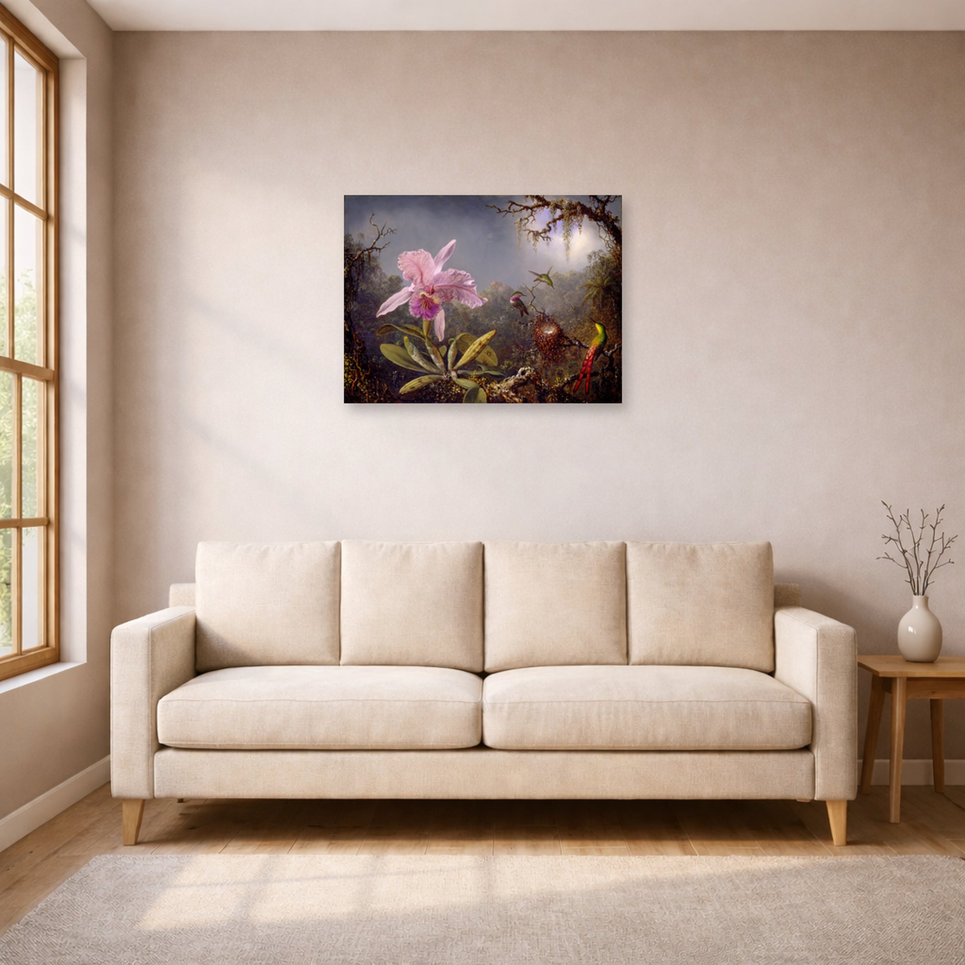 Unframed poster print of Martin Johnson Heade's 'Cattleya Orchid and Three Hummingbirds' displayed on a wall in a living room