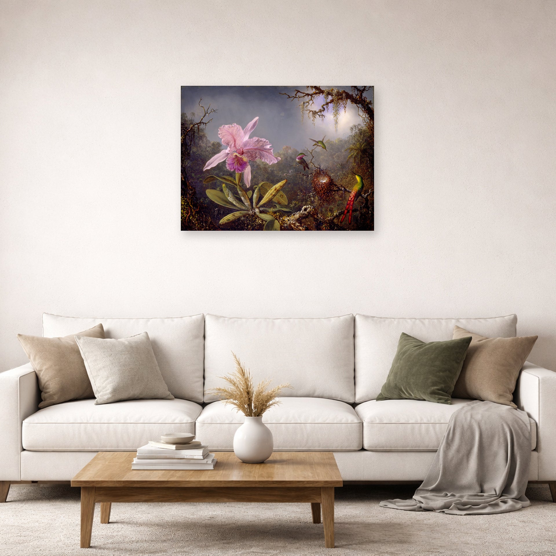 Unframed poster print of Martin Johnson Heade's 'Cattleya Orchid and Three Hummingbirds' displayed on a wall in a living room