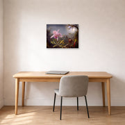Unframed poster print of Martin Johnson Heade's 'Cattleya Orchid and Three Hummingbirds' displayed on a wall in a office