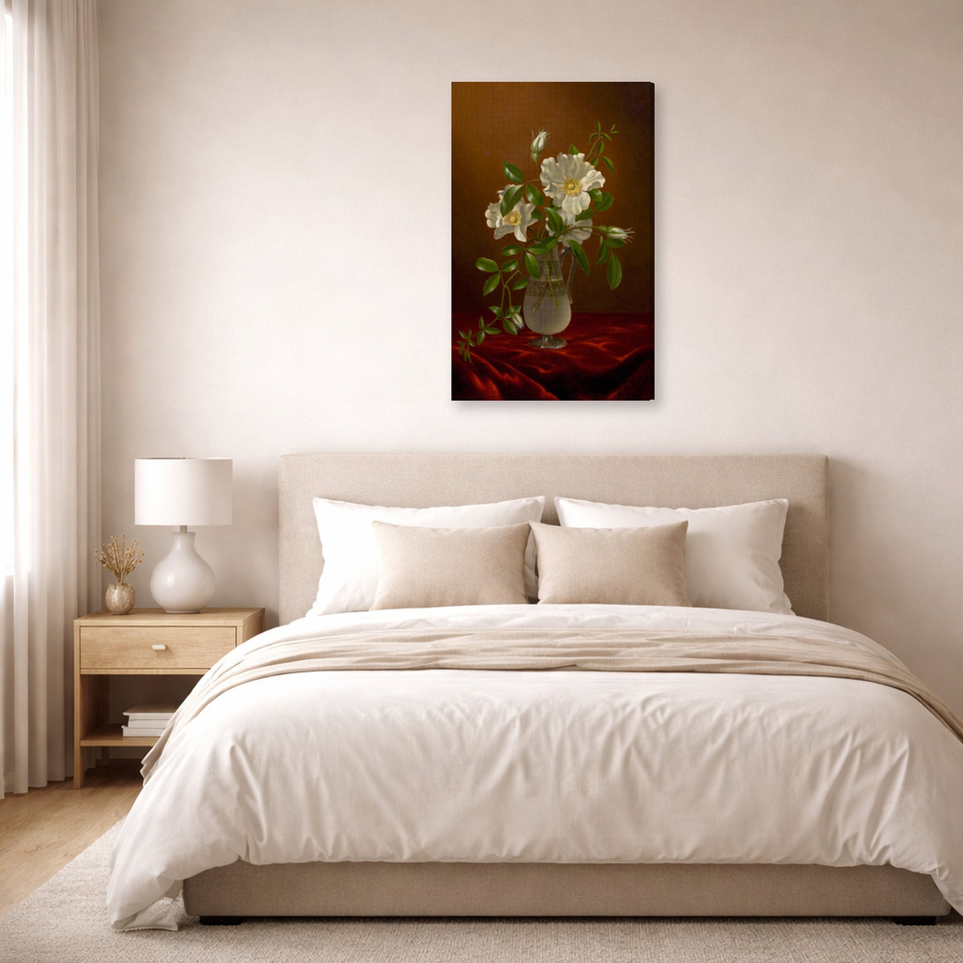 Gallery-wrapped canvas print of Martin Johnson Heade's 'Cherokee Roses in a Glass' displayed on a wall in a bedroom