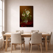 Gallery-wrapped canvas print of Martin Johnson Heade's 'Cherokee Roses in a Glass' displayed on a wall in a dining room