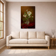 Gallery-wrapped canvas print of Martin Johnson Heade's 'Cherokee Roses in a Glass' displayed on a wall in a living room