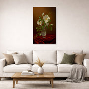 Gallery-wrapped canvas print of Martin Johnson Heade's 'Cherokee Roses in a Glass' displayed on a wall in a living room