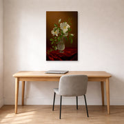 Gallery-wrapped canvas print of Martin Johnson Heade's 'Cherokee Roses in a Glass' displayed on a wall in a office
