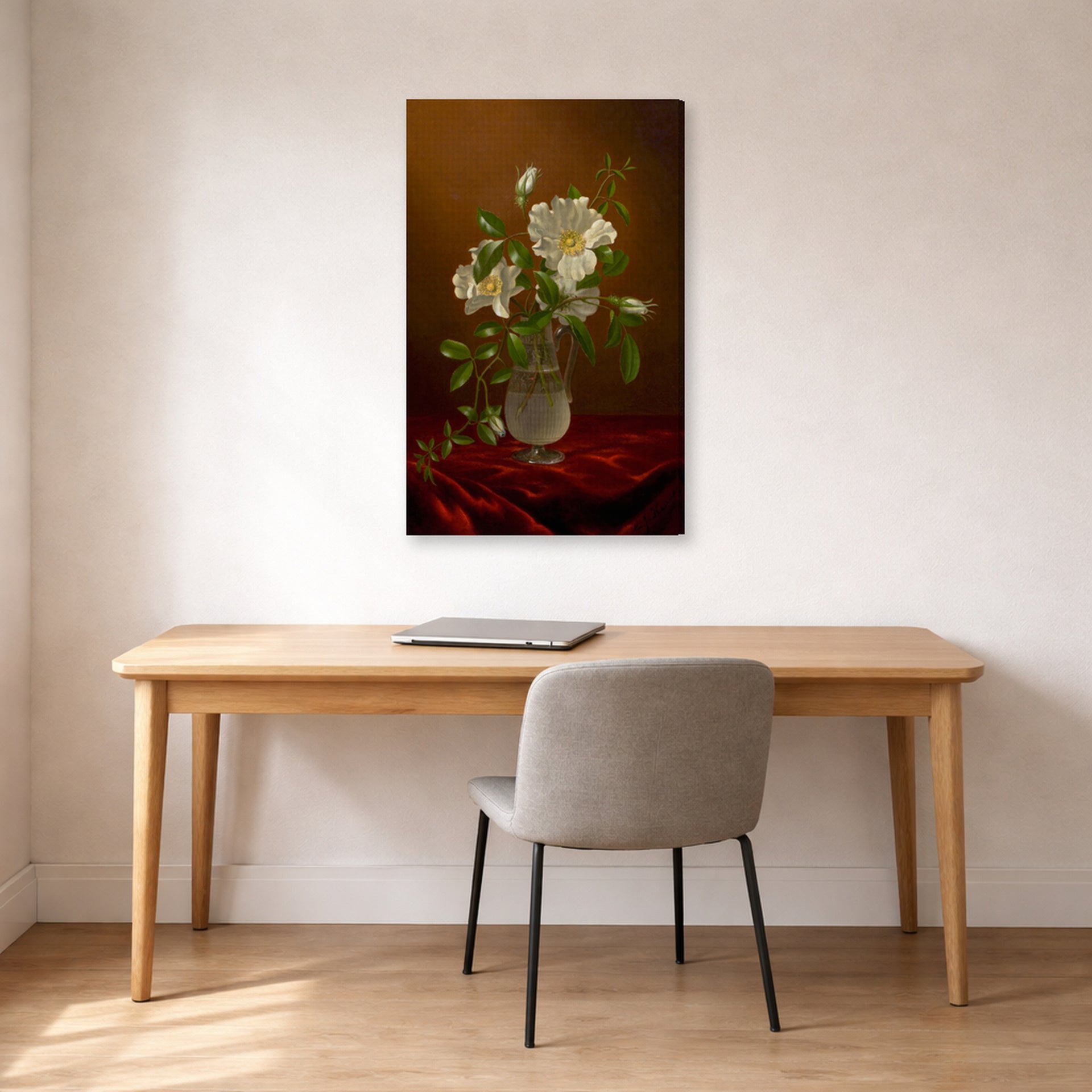 Gallery-wrapped canvas print of Martin Johnson Heade's 'Cherokee Roses in a Glass' displayed on a wall in a office