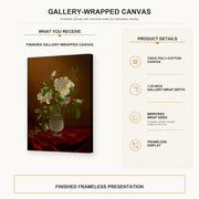Martin Johnson Heade - Cherokee Roses in a Glass gallery wrap canvas construction and hanging details infographic