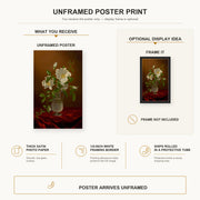 Martin Johnson Heade - Cherokee Roses in a Glass poster print size comparison and framing display infographic