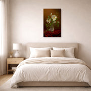 Unframed poster print of Martin Johnson Heade's 'Cherokee Roses in a Glass' displayed on a wall in a bedroom