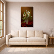 Unframed poster print of Martin Johnson Heade's 'Cherokee Roses in a Glass' displayed on a wall in a living room
