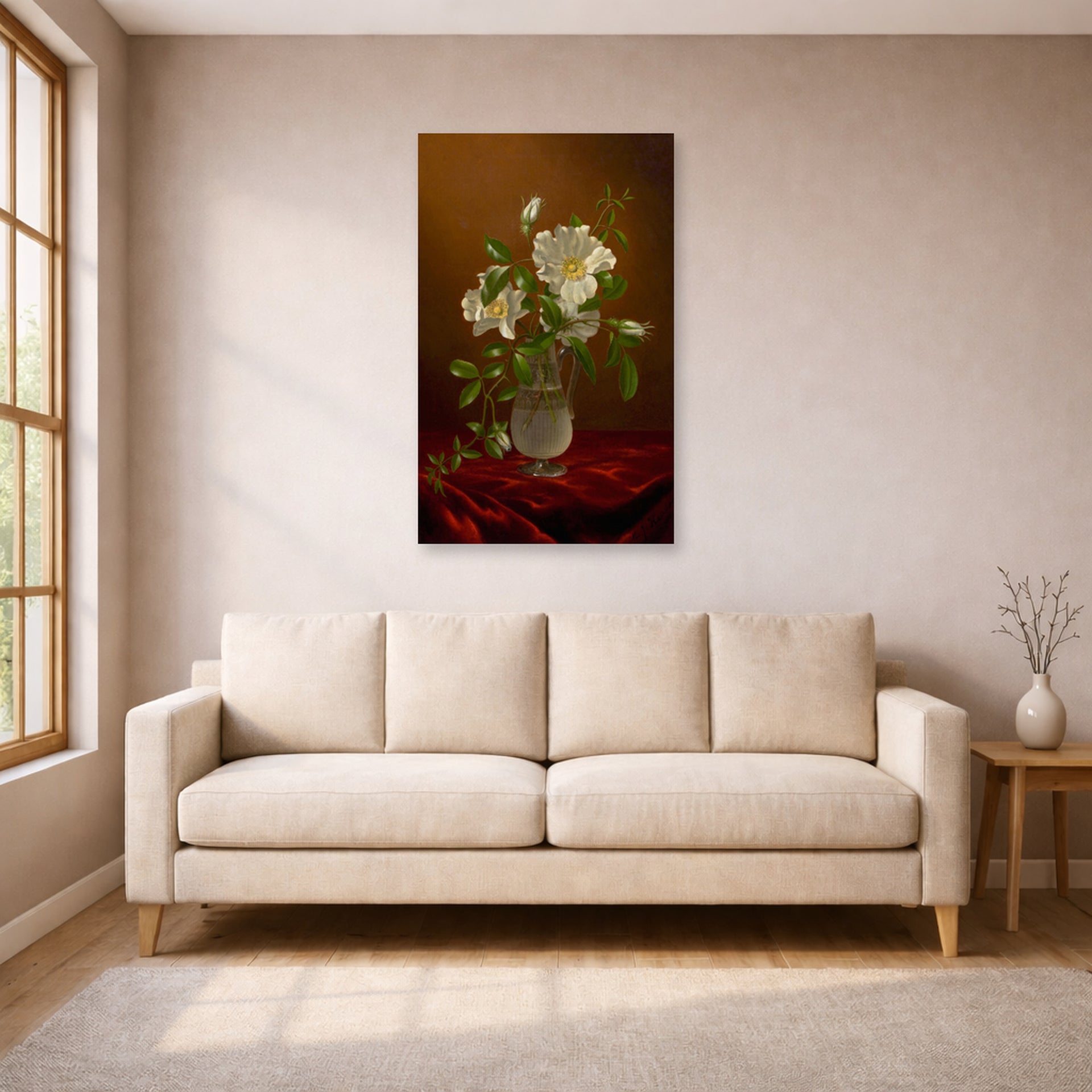 Unframed poster print of Martin Johnson Heade's 'Cherokee Roses in a Glass' displayed on a wall in a living room