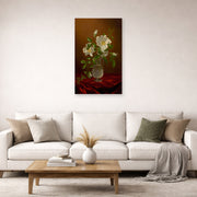 Unframed poster print of Martin Johnson Heade's 'Cherokee Roses in a Glass' displayed on a wall in a living room