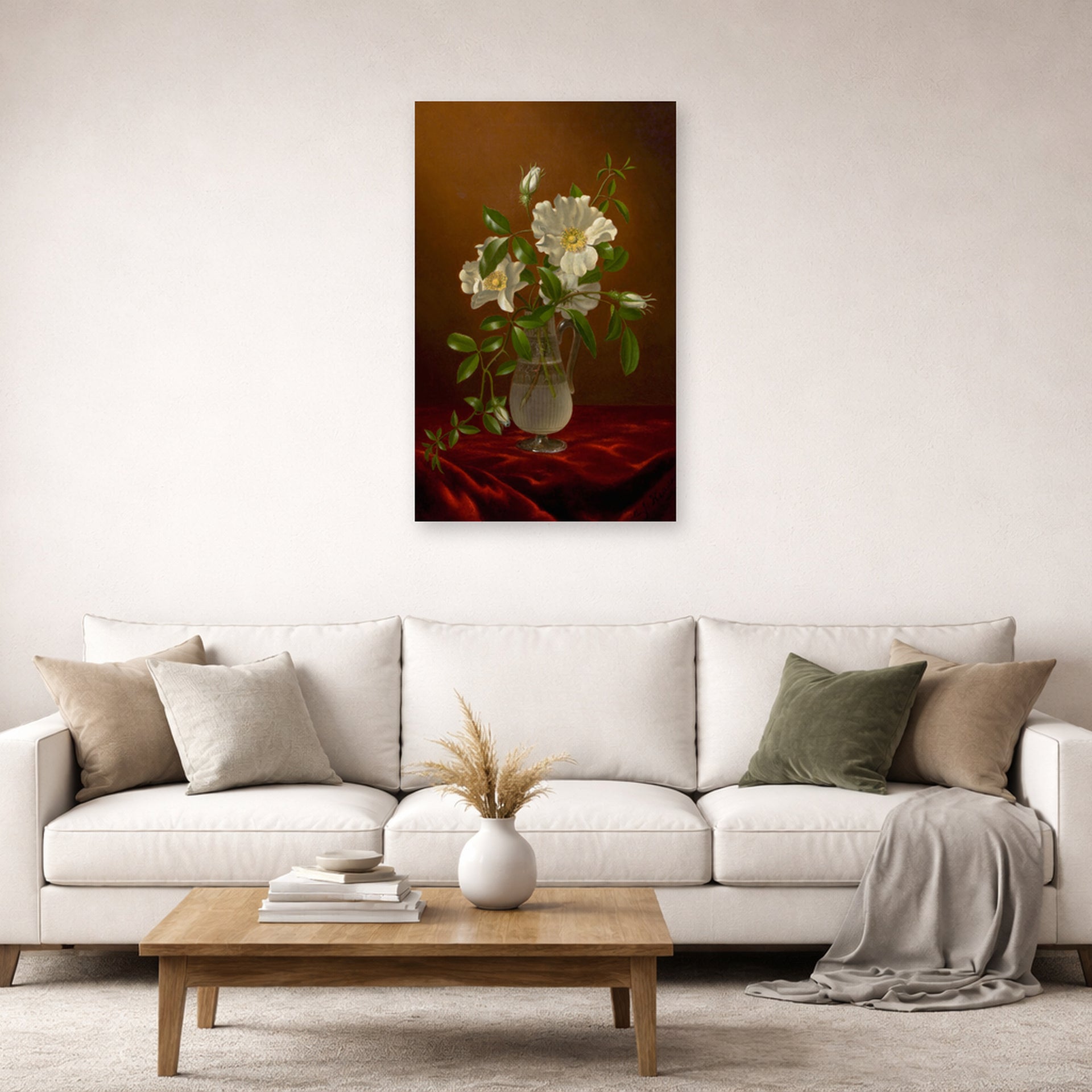 Unframed poster print of Martin Johnson Heade's 'Cherokee Roses in a Glass' displayed on a wall in a living room