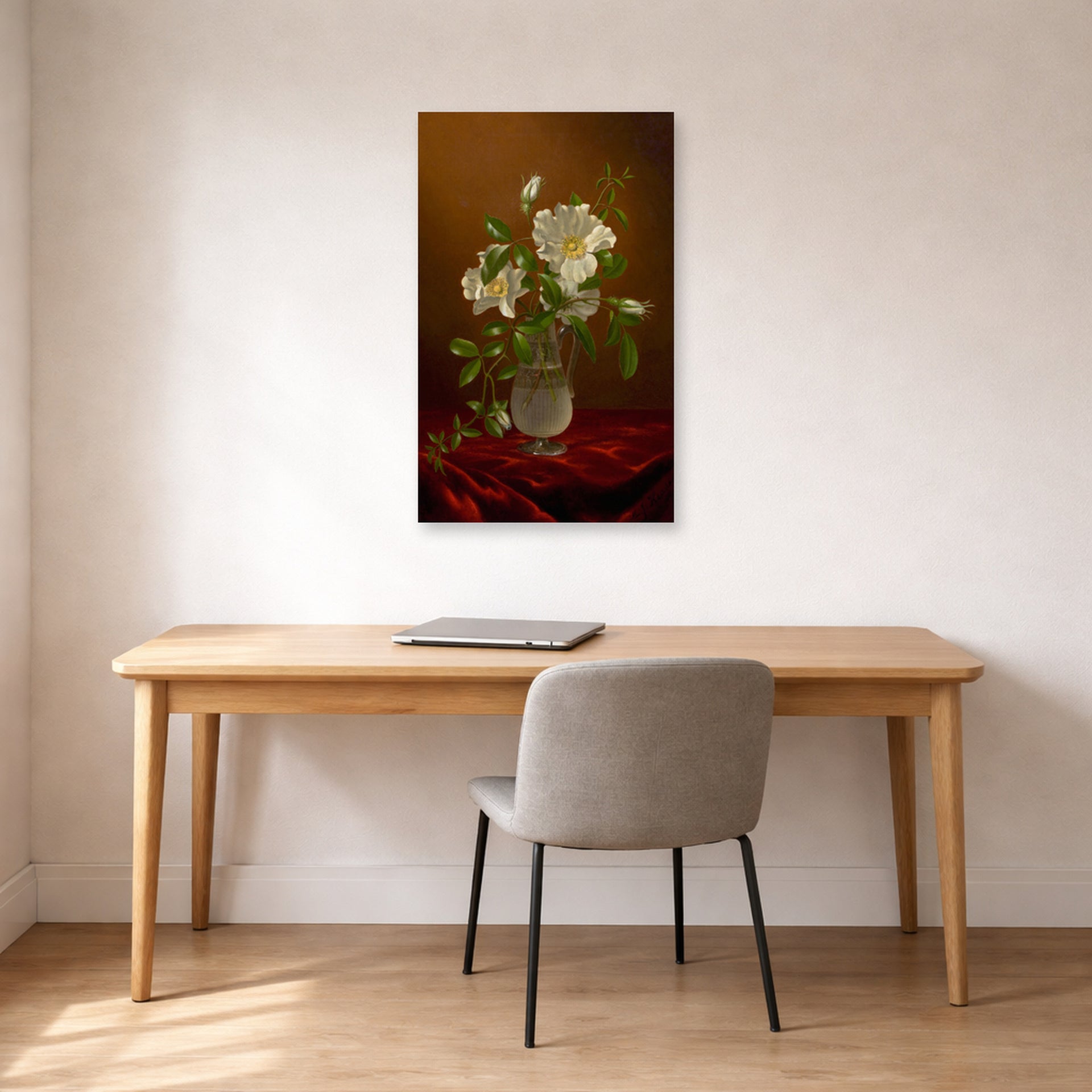 Unframed poster print of Martin Johnson Heade's 'Cherokee Roses in a Glass' displayed on a wall in a office