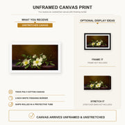 Martin Johnson Heade - Cherokee Roses on a Purple Cloth canvas print size comparison and framing display infographic