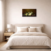 Gallery-wrapped canvas print of Martin Johnson Heade's 'Cherokee Roses on a Purple Cloth' displayed on a wall in a bedroom