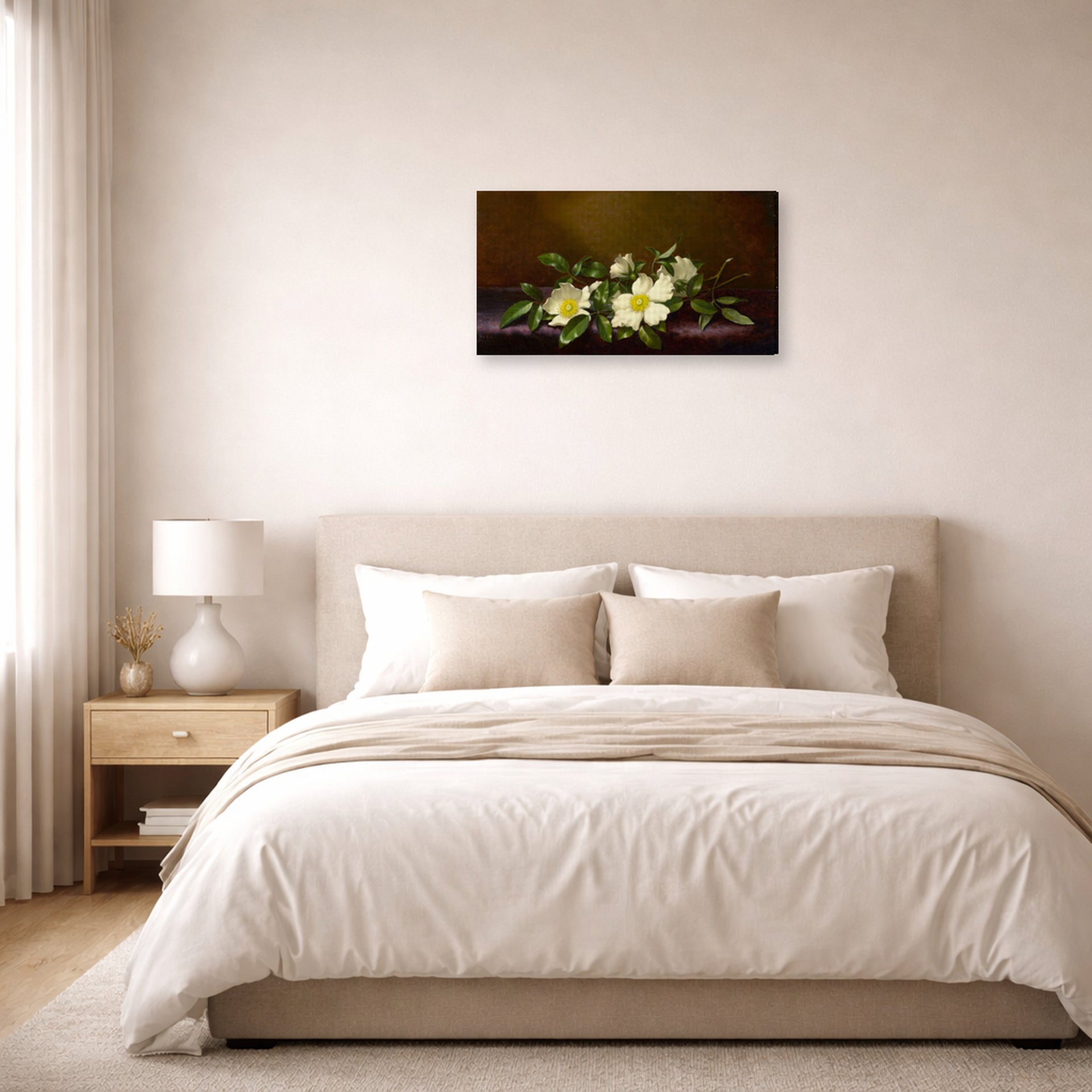 Gallery-wrapped canvas print of Martin Johnson Heade's 'Cherokee Roses on a Purple Cloth' displayed on a wall in a bedroom