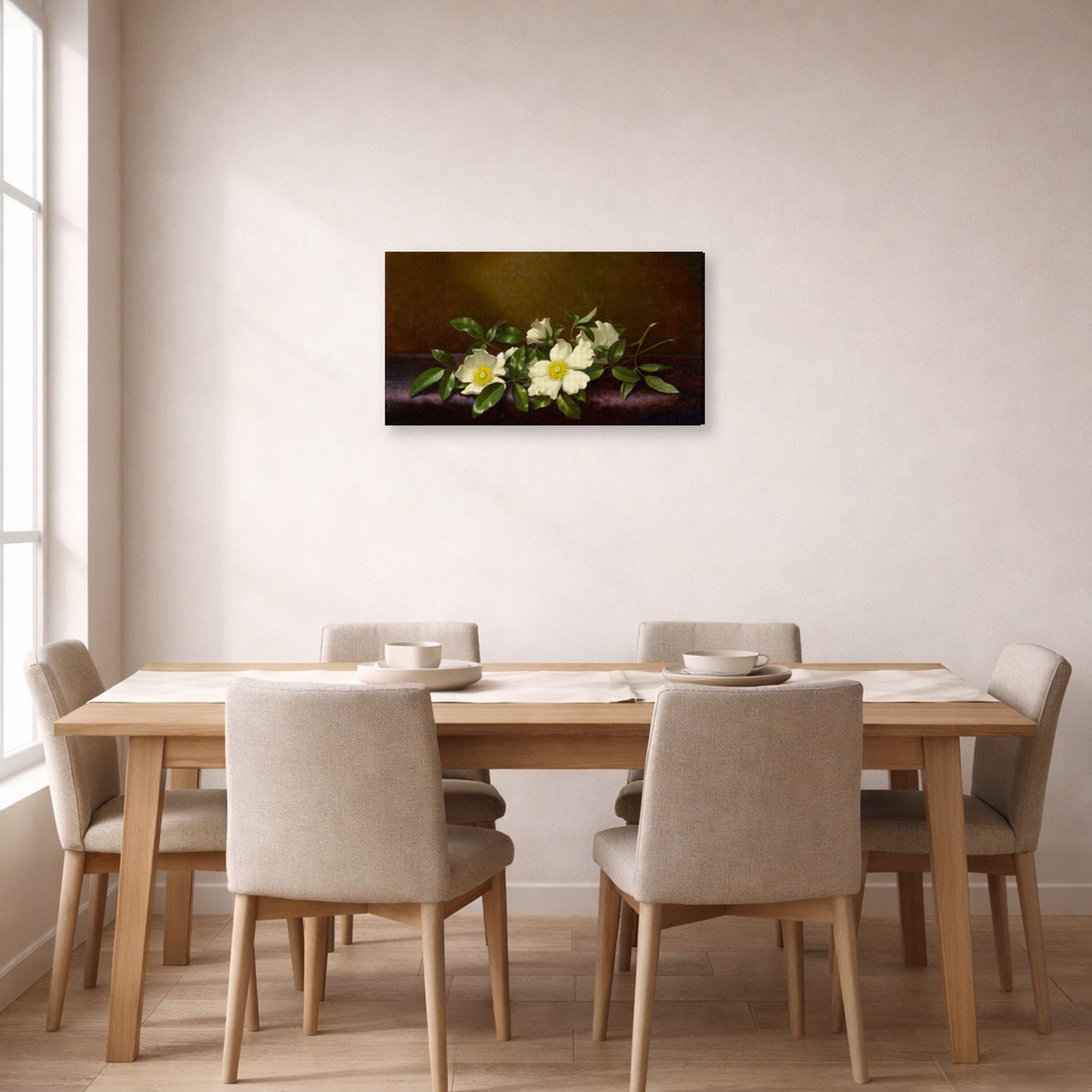 Gallery-wrapped canvas print of Martin Johnson Heade's 'Cherokee Roses on a Purple Cloth' displayed on a wall in a dining room