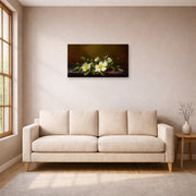 Gallery-wrapped canvas print of Martin Johnson Heade's 'Cherokee Roses on a Purple Cloth' displayed on a wall in a living room