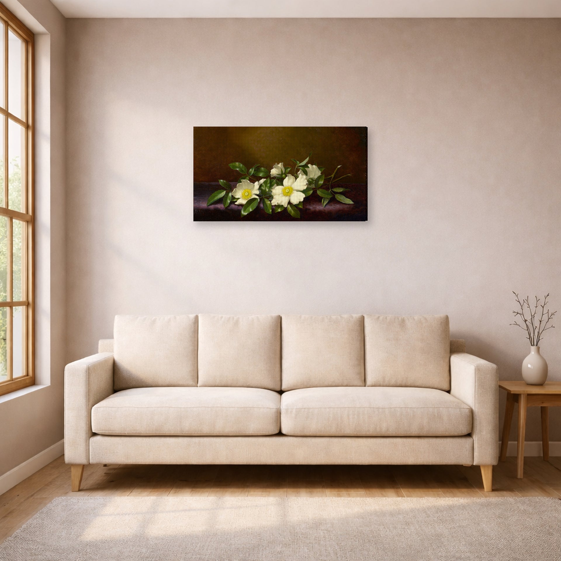 Gallery-wrapped canvas print of Martin Johnson Heade's 'Cherokee Roses on a Purple Cloth' displayed on a wall in a living room