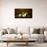 Gallery-wrapped canvas print of Martin Johnson Heade's 'Cherokee Roses on a Purple Cloth' displayed on a wall in a living room