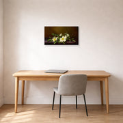 Gallery-wrapped canvas print of Martin Johnson Heade's 'Cherokee Roses on a Purple Cloth' displayed on a wall in a office