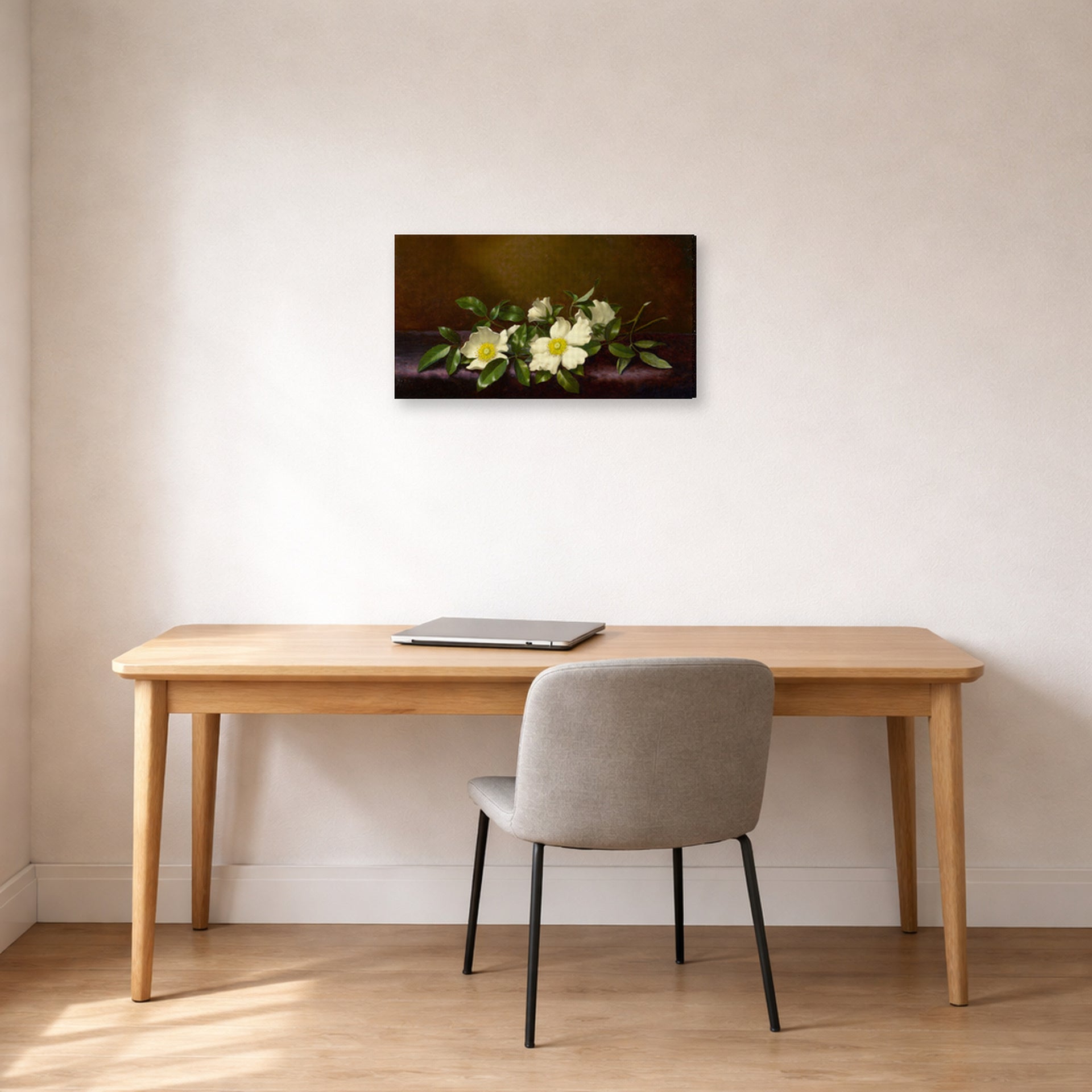 Gallery-wrapped canvas print of Martin Johnson Heade's 'Cherokee Roses on a Purple Cloth' displayed on a wall in a office
